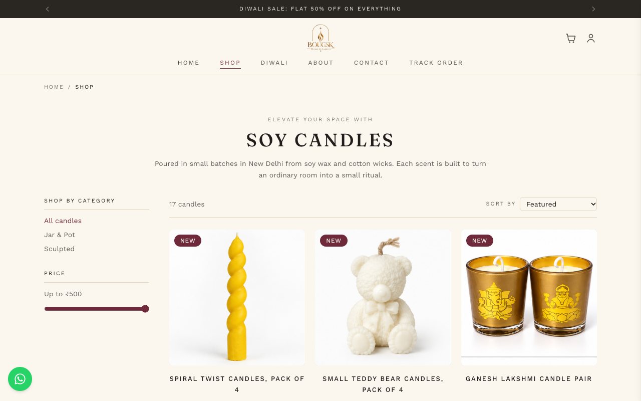 Bougsk candle store homepage, built by Kavimir
